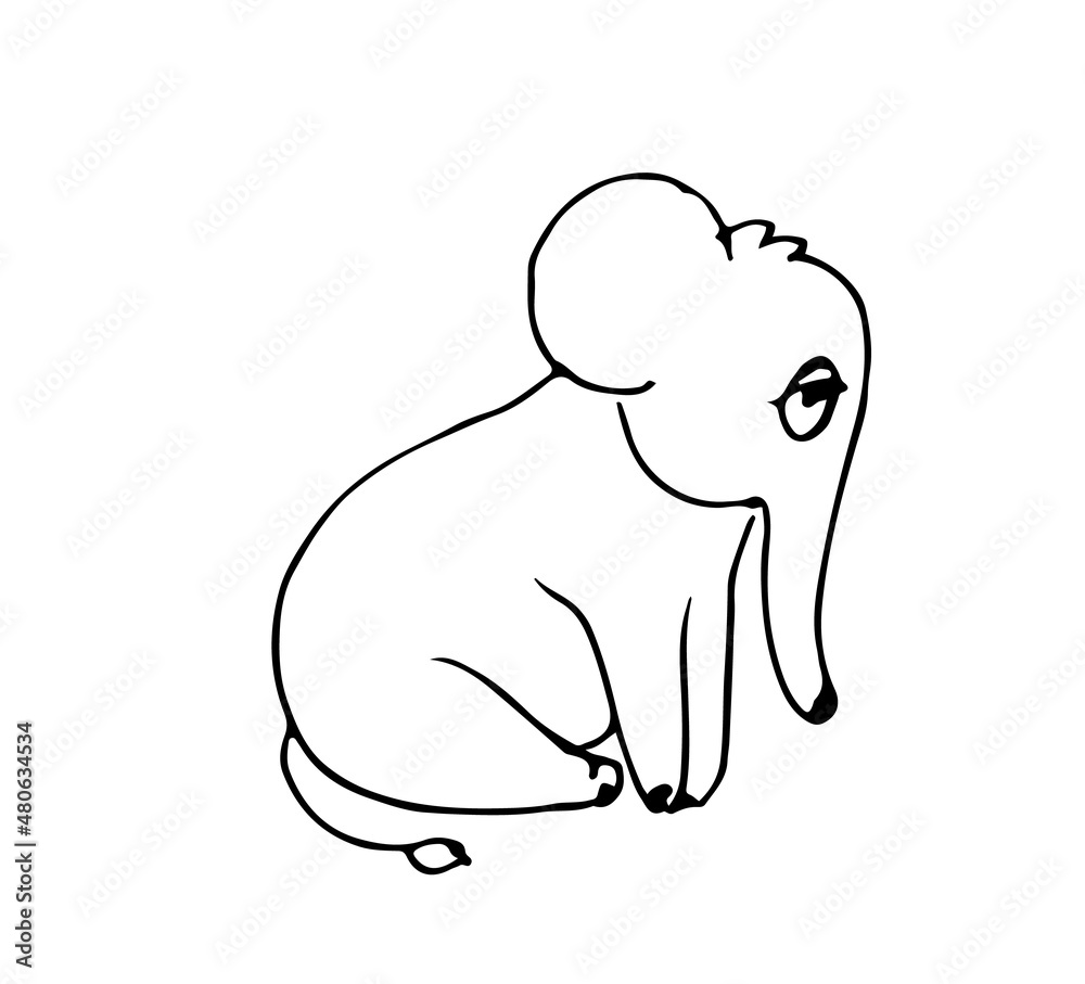 Obraz premium Cheerful cartoon elephant. Funny cute animal. Outline sketch. Hand drawing is isolated on a white background. Vector