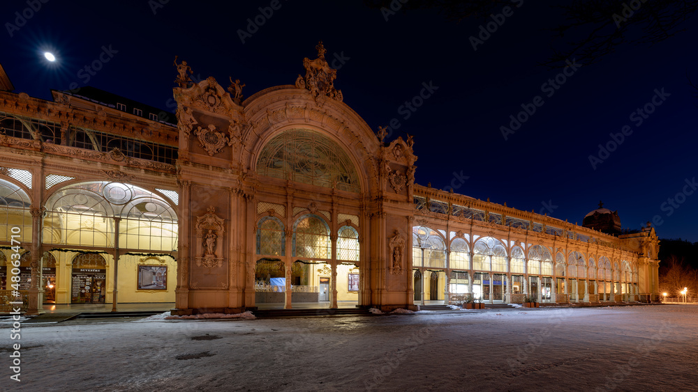 Main colonnade in winter - night in the spa center of Mariánské Lázně (Marienbad) - Czech Republic Main colonnade in winter - night in the spa center of Mariánské Lázně (Marienbad) - Czech Republic