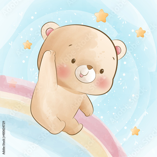 Cute little Bear playing slide rainbow