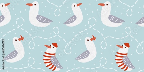 Seamless pattern with cute cartoon seagulls. Nautical hand drawn oil illustration for kids. Cartoon flat marine background © Lesia