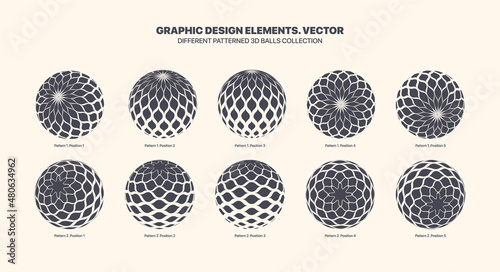 Assorted Various Vector Patterned 3D Balls In Different Positions With Scale Pattern Set Isolated On White Background. Geometric Graphic Black White Variety 3D Spheres Design Elements Art Collection