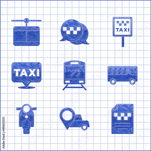 Set Train, Location with taxi, Taxi driver license, Bus, Scooter, Road sign for stand and Cable car icon. Vector