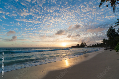 Sunset at the beach, Grande Anse Kerlan, Praslin, Seychelles photo