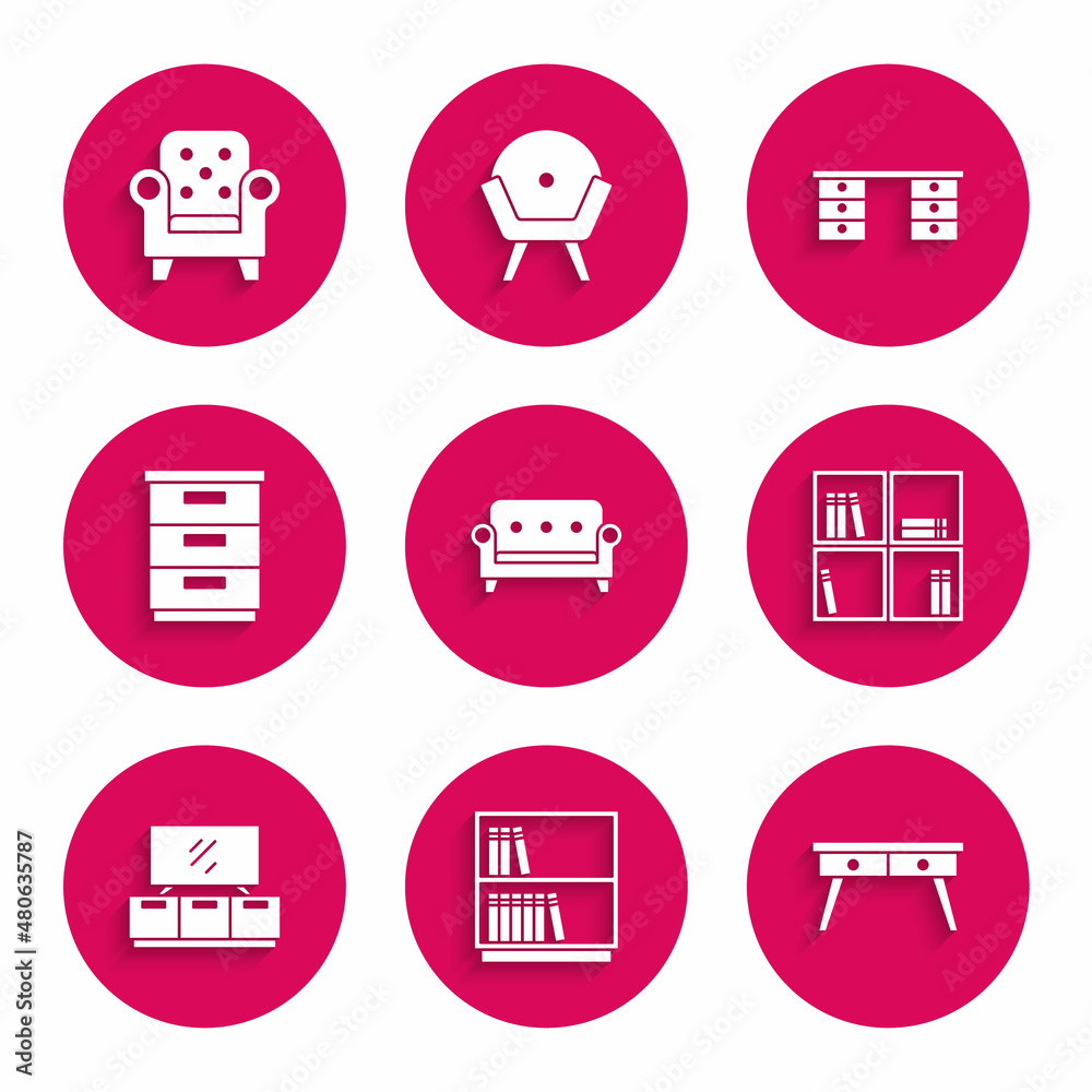 Set Sofa, Library bookshelf, Office desk, Shelf with, TV table stand, Furniture nightstand, and Armchair icon. Vector Set Sofa, Library bookshelf, Office desk, Shelf with, TV table stand, Furniture nightstand, and Armchair icon. Vector