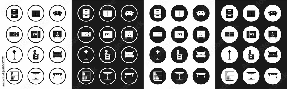 Set Sofa, Wardrobe, Chest drawers, Furniture nightstand, Big bed and Floor lamp icon. Vector