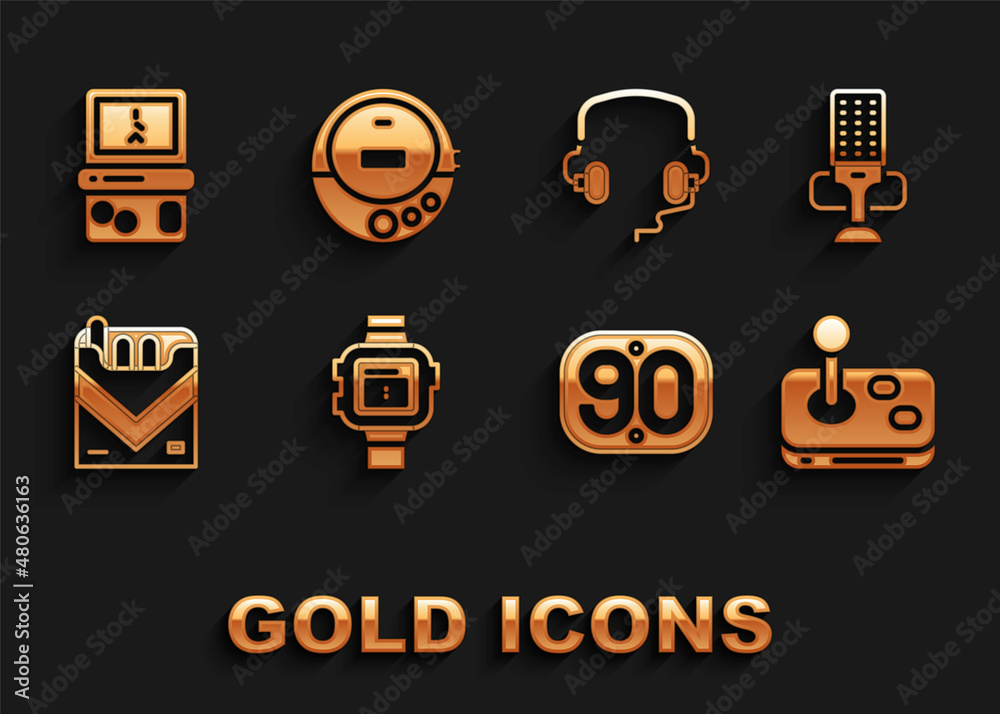 Set Wrist watch, Microphone, Joystick, 90s Retro, Cigarettes pack box, Headphones, Tetris and Music CD player icon. Vector Set Wrist watch, Microphone, Joystick, 90s Retro, Cigarettes pack box, Headphones, Tetris and Music CD player icon. Vector