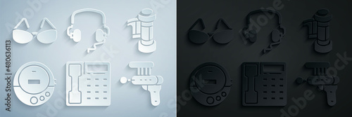 Set Telephone handset, Camera roll cartridge, Music CD player, Ray gun, Headphones and Glasses icon. Vector