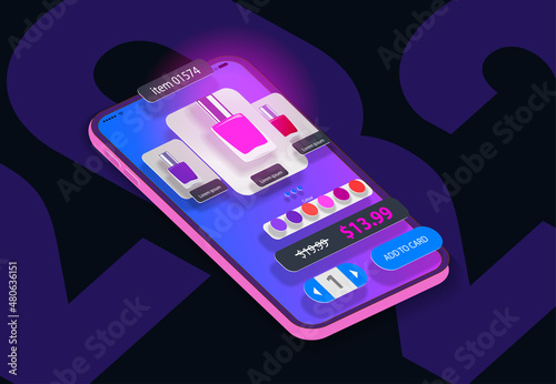 Mobile interface of the cosmetics web store on the phone screen in isometry