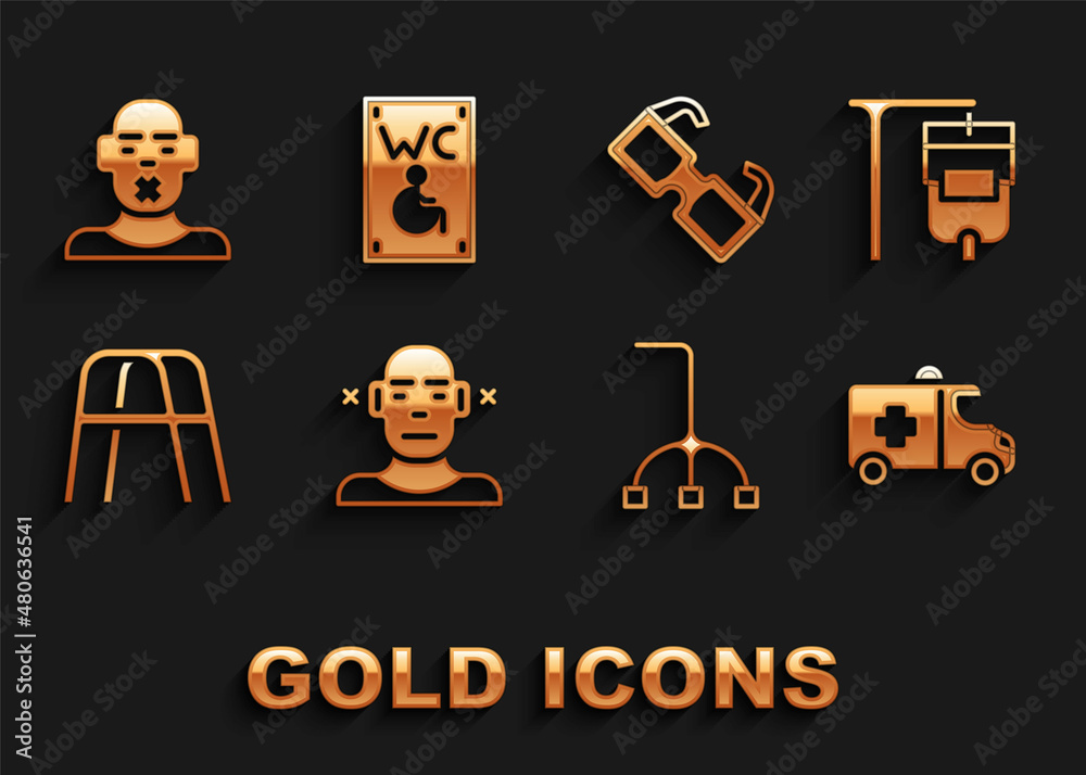 Set Deaf, IV bag, Emergency car, Walking stick cane, Walker, Eyeglasses, Head of deaf and dumb and Separated toilet for disabled icon. Vector Set Deaf, IV bag, Emergency car, Walking stick cane, Walker, Eyeglasses, Head of deaf and dumb and Separated toilet for disabled icon. Vector