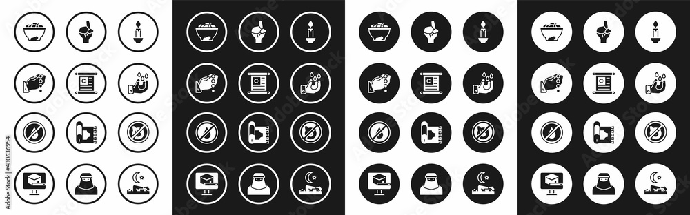 Set Burning candle, Holy book of Koran, Hands praying position, Date fruit bowl, Wudhu, No pig and water icon. Vector