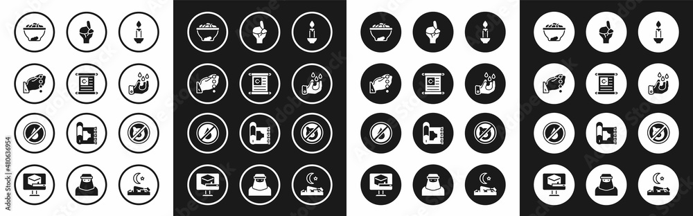 Set Burning candle, Holy book of Koran, Hands praying position, Date fruit bowl, Wudhu, No pig and water icon. Vector Set Burning candle, Holy book of Koran, Hands praying position, Date fruit bowl, Wudhu, No pig and water icon. Vector