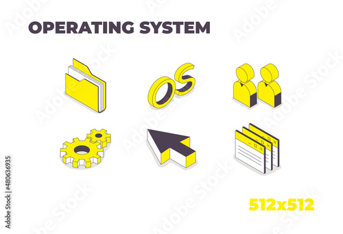 Operating System 3d Icons. Folders, cursor, users, settings, applications. Vector isometric elements for presentations, websites and infographics.
