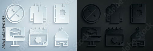 Set Ramadan calendar, Holy book of Koran, Kaaba mosque, Muslim Mosque, Shirt kurta and No Smoking icon. Vector