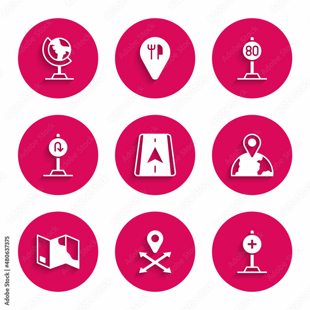 Set City map navigation, Location, with cross hospital, the globe, Folded, Turn back road sign, Speed limit traffic and Earth icon. Vector Set City map navigation, Location, with cross hospital, the globe, Folded, Turn back road sign, Speed limit traffic and Earth icon. Vector
