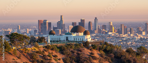Los Angeles city skyline and Griffith Observatory at sunset