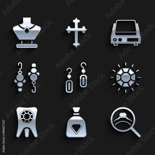 Set Earrings, Bag with gems, Diamond engagement, Tooth diamond, Electronic jewelry scales and Necklace mannequin icon. Vector