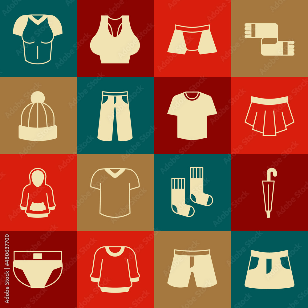 Set Skirt, Umbrella, Men underpants, Pants, Winter hat, T-shirt and icon. Vector Set Skirt, Umbrella, Men underpants, Pants, Winter hat, T-shirt and icon. Vector