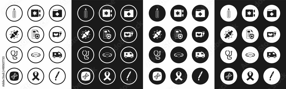Set Patient record, Joint pain, knee pain, Medical thermometer, Ultrasound, Emergency - Star of Life, Ambulance car and Stethoscope icon. Vector Set Patient record, Joint pain, knee pain, Medical thermometer, Ultrasound, Emergency - Star of Life, Ambulance car and Stethoscope icon. Vector