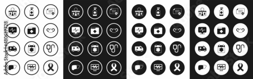 Set Certificate template, Patient record, Heart rate, Hospital building, Medical protective mask, Antibacterial soap, IV bag and Ambulance car icon. Vector