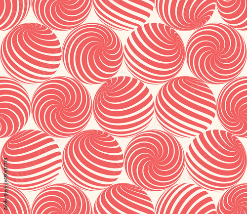 Spiral Striped Balls In Different Positions Seamless Pattern Psychedelic Art Red White Abstract Vector Background. Rave Freaky Acid Trip Crazy Repetitive Wallpaper. Spheres Curved Linear Patterns