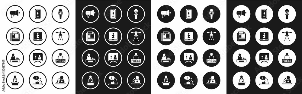 Set Microphone, Information, News, Megaphone, Satellite, Mobile recording, Journalist news and Television report icon. Vector