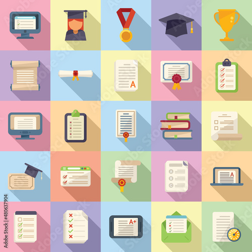 Final exam icons set flat vector. Student college