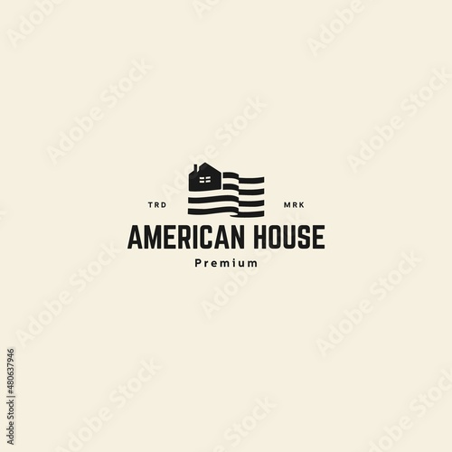 american house logo design template with united stated flag and house icons. hipster vintage vector illustration template