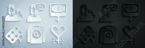 Set Feminist shirt, Money growth woman, Packaging of birth control pills, Feminism, Female opinion and Women from different countries icon. Vector