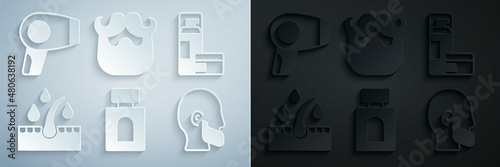 Set Aftershave, Shaving gel foam, Oil for hair care treatment, Mustache and beard, and Hair dryer icon. Vector