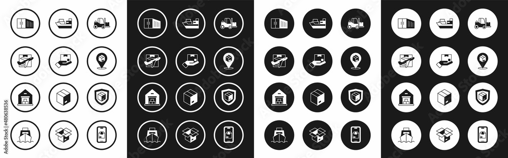 Set Forklift truck, Delivery hand with box, Plane cardboard, Container, Location, Cargo ship boxes delivery, security shield and Warehouse icon. Vector