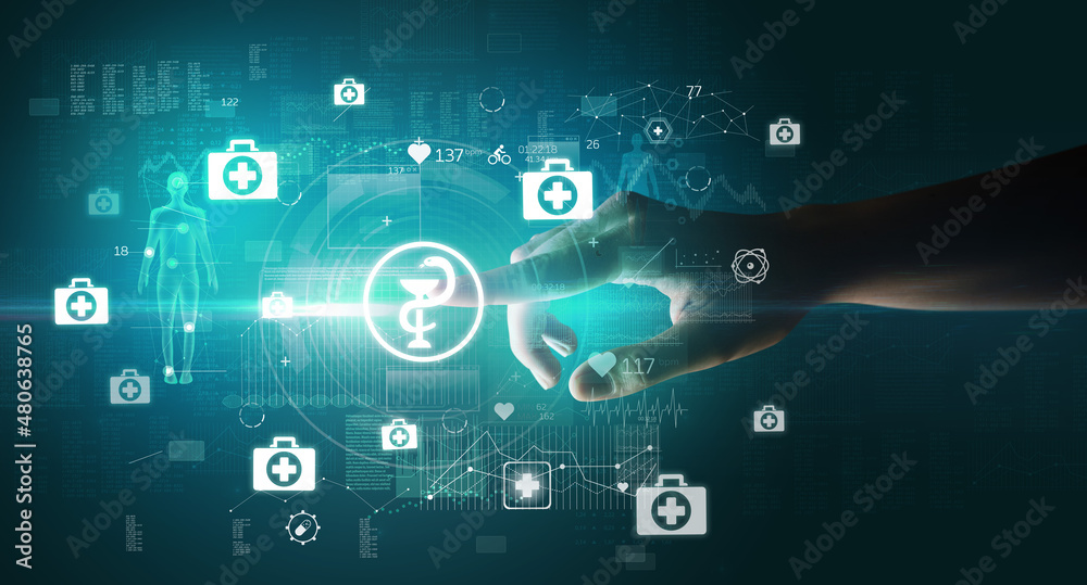 Obraz premium Doctor hand pressing futuristic health device with medical symbol on screen