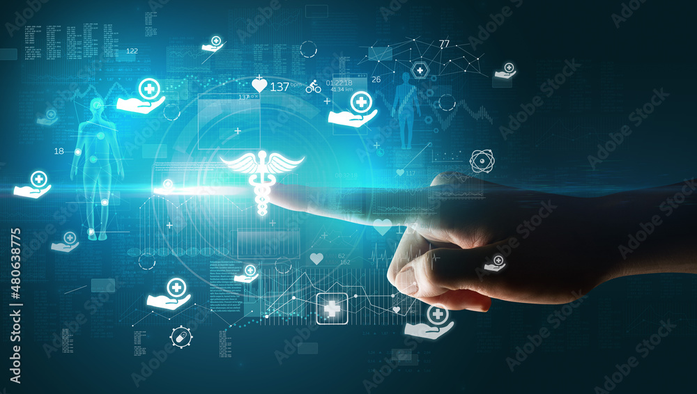 Doctor hand pressing futuristic health device with medical symbol on screen