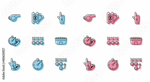 Set line Number 1 one fan hand glove with finger raised and american football ball, Stopwatch, Whistle, Planning strategy concept, Football stadium, American stopwatch and ticket icon. Vector