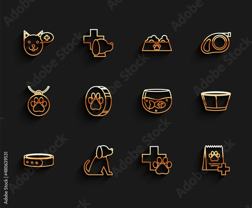 Set line Collar with name tag, Dog, Veterinary clinic symbol, Bag of food for dog, Paw print, Protective cone collar and Aquarium fish icon. Vector