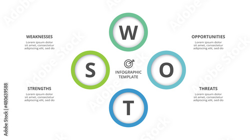 SWOT diagram with 4 steps, options, parts or processes. Threats, weaknesses, strengths, opportunities of the company.