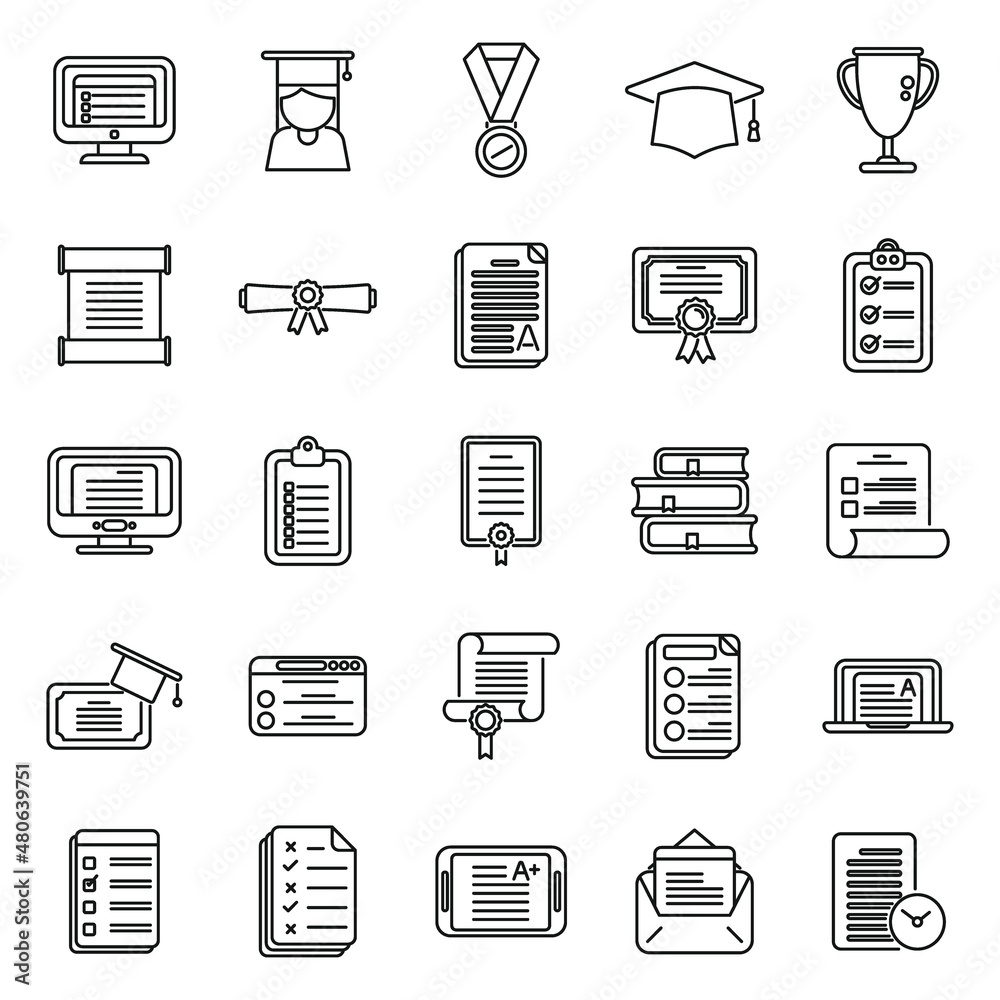 Final exam icons set outline vector. Student college Final exam icons set outline vector. Student college