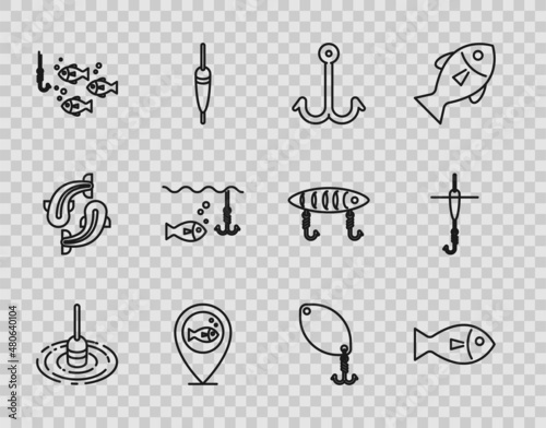 Set line Fishing float in water, hook, Location fishing, under with, spoon and and icon. Vector