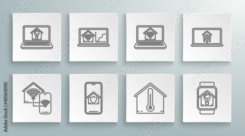Set line Smart home with wi-fi, Laptop smart, Mobile phone house under protection, House temperature, watch and light bulb, and icon. Vector