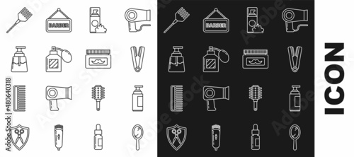 Set line Hand mirror, Cream lotion cosmetic tube, Curling iron for hair, Shaving gel foam, Aftershave, Hairbrush and jar icon. Vector