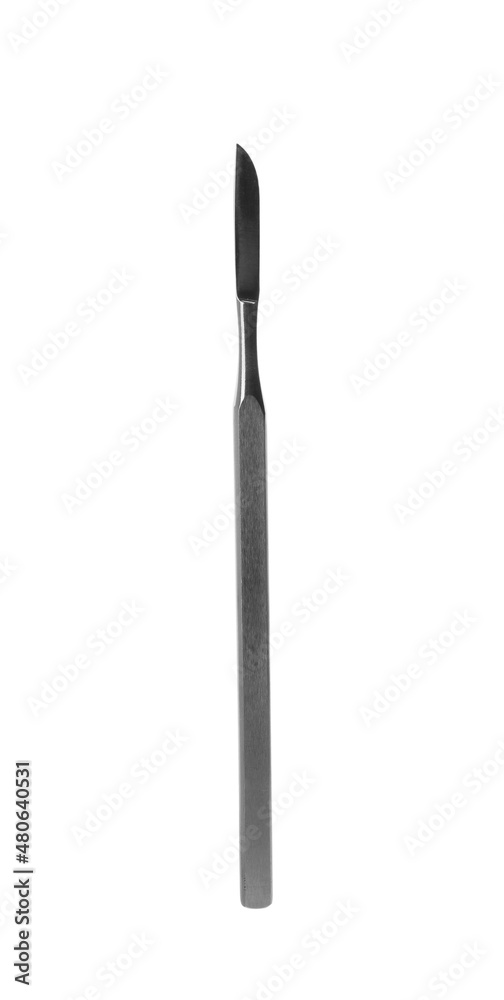 Stainless steel surgical scalpel isolated on white. Dentist's tool