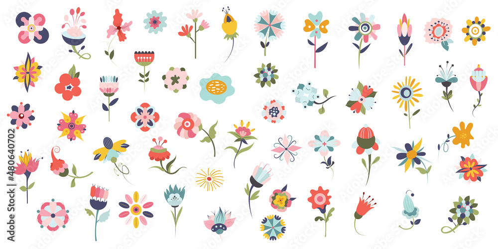Collection blooming meadow flowers isolated on white background. Spring art print with botanical elements.  Folk style. Elegant spring plants for floristry. Spring botanical flat vector illustration - obrazy, fototapety, plakaty 