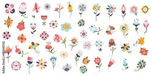 Collection blooming meadow flowers isolated on white background. Spring art print with botanical elements.  Folk style. Elegant spring plants for floristry. Spring botanical flat vector illustration
