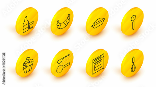 Set line Kitchen whisk, Oven, Measuring spoon, Cupcake, Pizza knife, Homemade pie, Croissant and Glass bottle with milk and glass icon. Vector