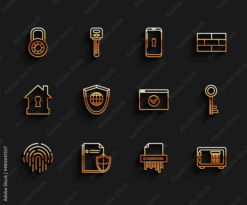 Set line Fingerprint, Document protection concept, Safe combination lock wheel, Paper shredder confidential, Shield with world globe, Key and Secure your site HTTPS, SSL icon. Vector Set line Fingerprint, Document protection concept, Safe combination lock wheel, Paper shredder confidential, Shield with world globe, Key and Secure your site HTTPS, SSL icon. Vector