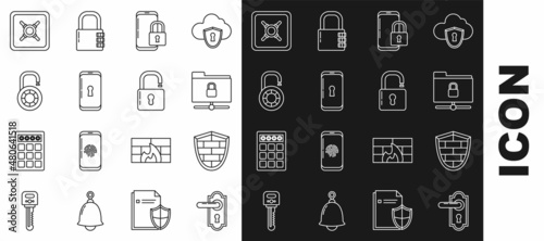 Set line Door handle, Shield with cyber security brick wall, FTP folder lock, Smartphone closed padlock, Safe combination wheel, and Open icon. Vector
