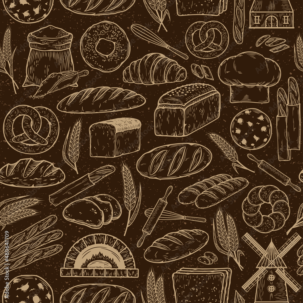 Vector retro style bakery seamless pattern, baked goods icons