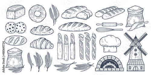 Vector hand-drawn bread and bakery design illustrations, food sketches, vector icons photo