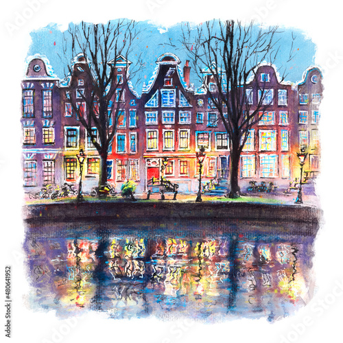 Colour watercolor sketch of Amsterdam canal Leidsegracht with typical dutch houses and bridge, Holland, Netherlands