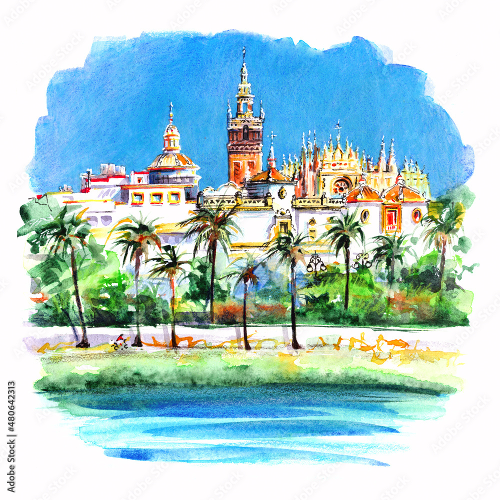 Fototapeta premium Watercolor sketch of Bell Tower Giralda in landmark catholic Cathedral Saint Mary of the See, Seville, Andalusia, Spain