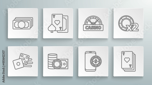Set line Game dice, Playing card with heart, Casino chips and stacks money cash, Online poker table game, signboard, and Stacks paper icon. Vector